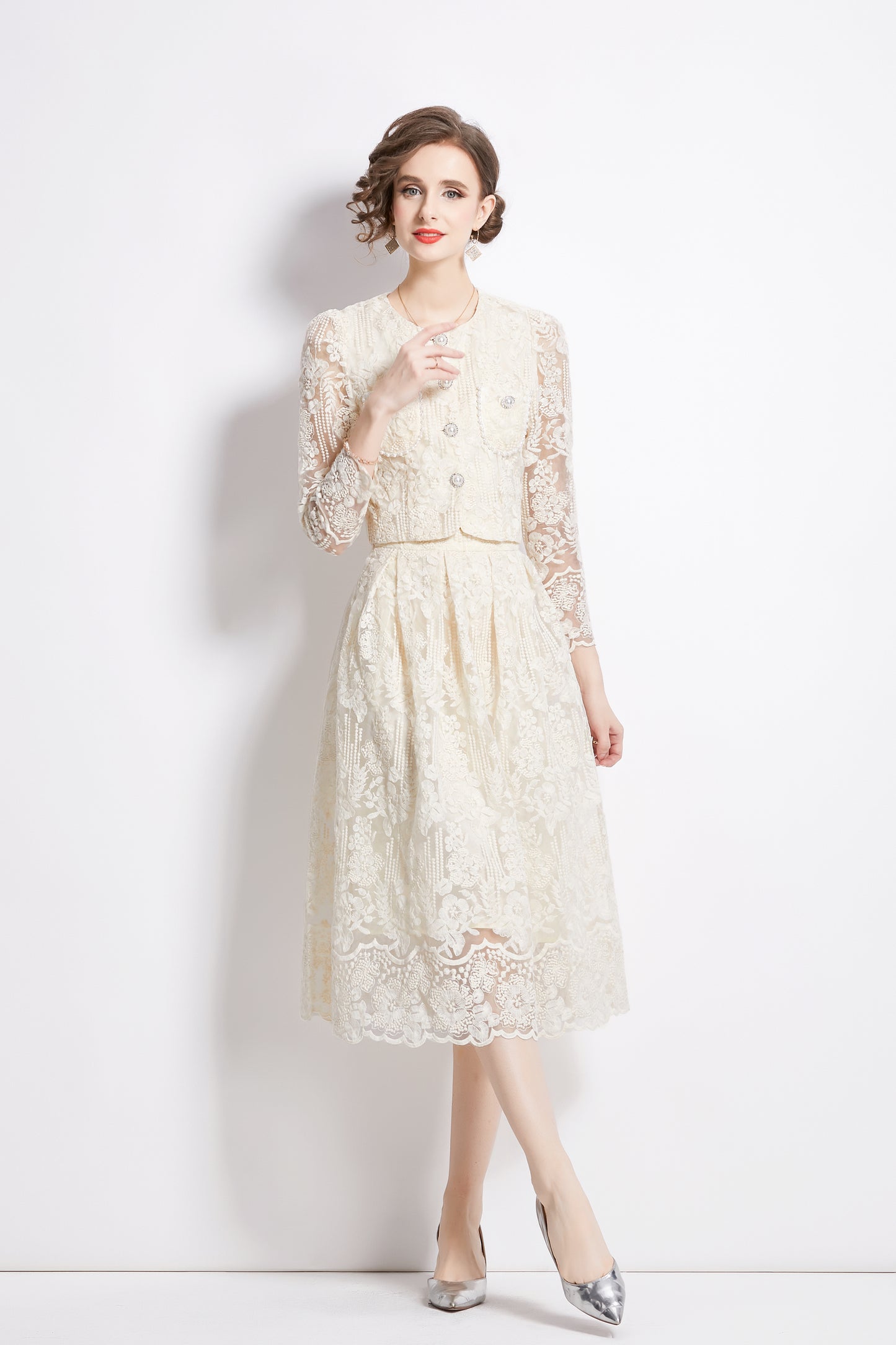 2 Pieces Chiffon Lace Button Midi Dress