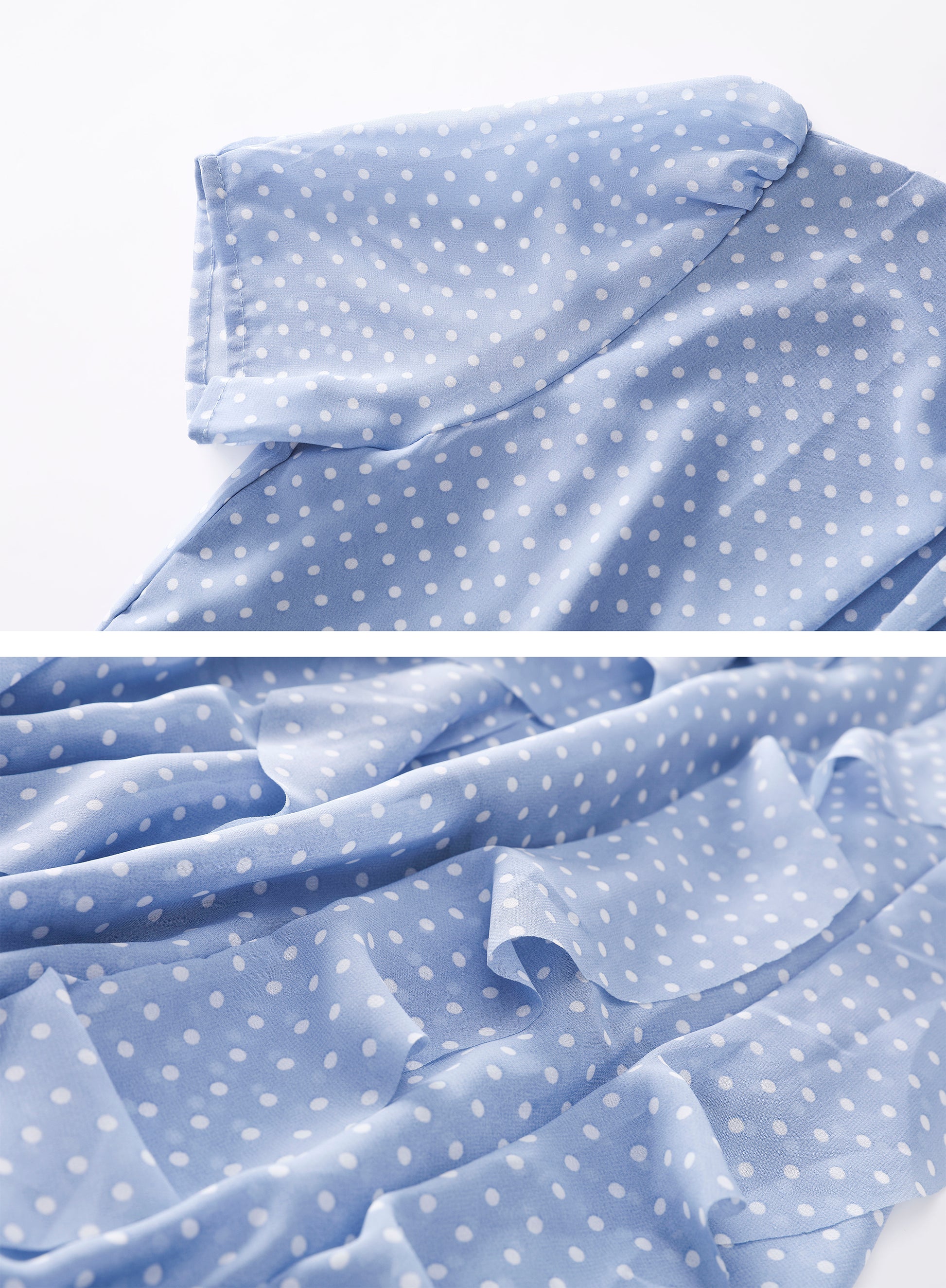 Blue Short Sleeve Polka Dot Ruffle Chiffon Maxi Dress - LAI MENG FIVE CATS