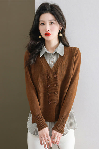 Women's Casual Patchwork Shirt Collar Long Sleeve Cotton Pullover Tops