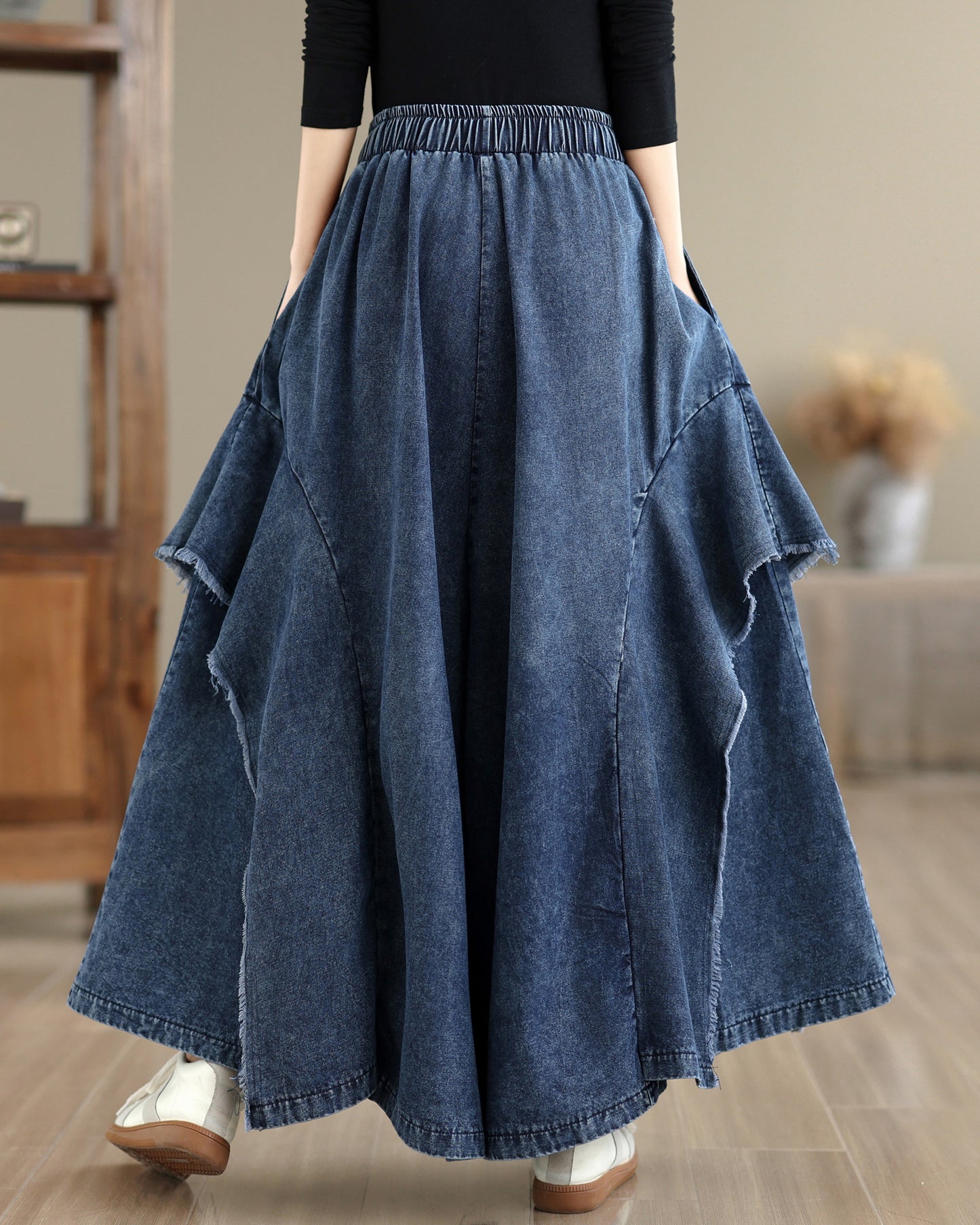 Women Loose Denim Skirt Pants Baggy Elastic Waist Casual Wide Leg Jeans