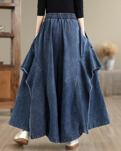 Women Loose Denim Skirt Pants Baggy Elastic Waist Casual Wide Leg Jeans