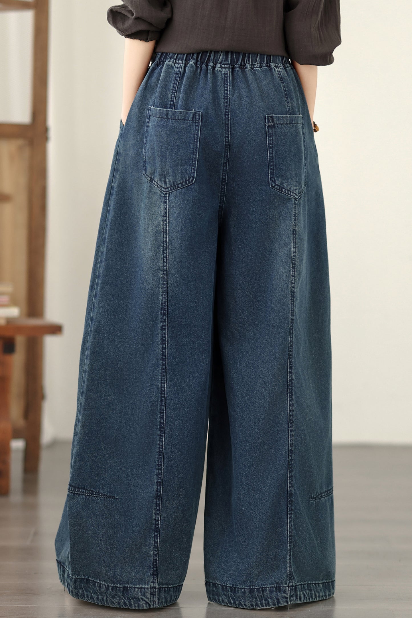 Jeans for Women Wide Leg Pull On Elastic Waist Denim - LAI MENG FIVE CATS