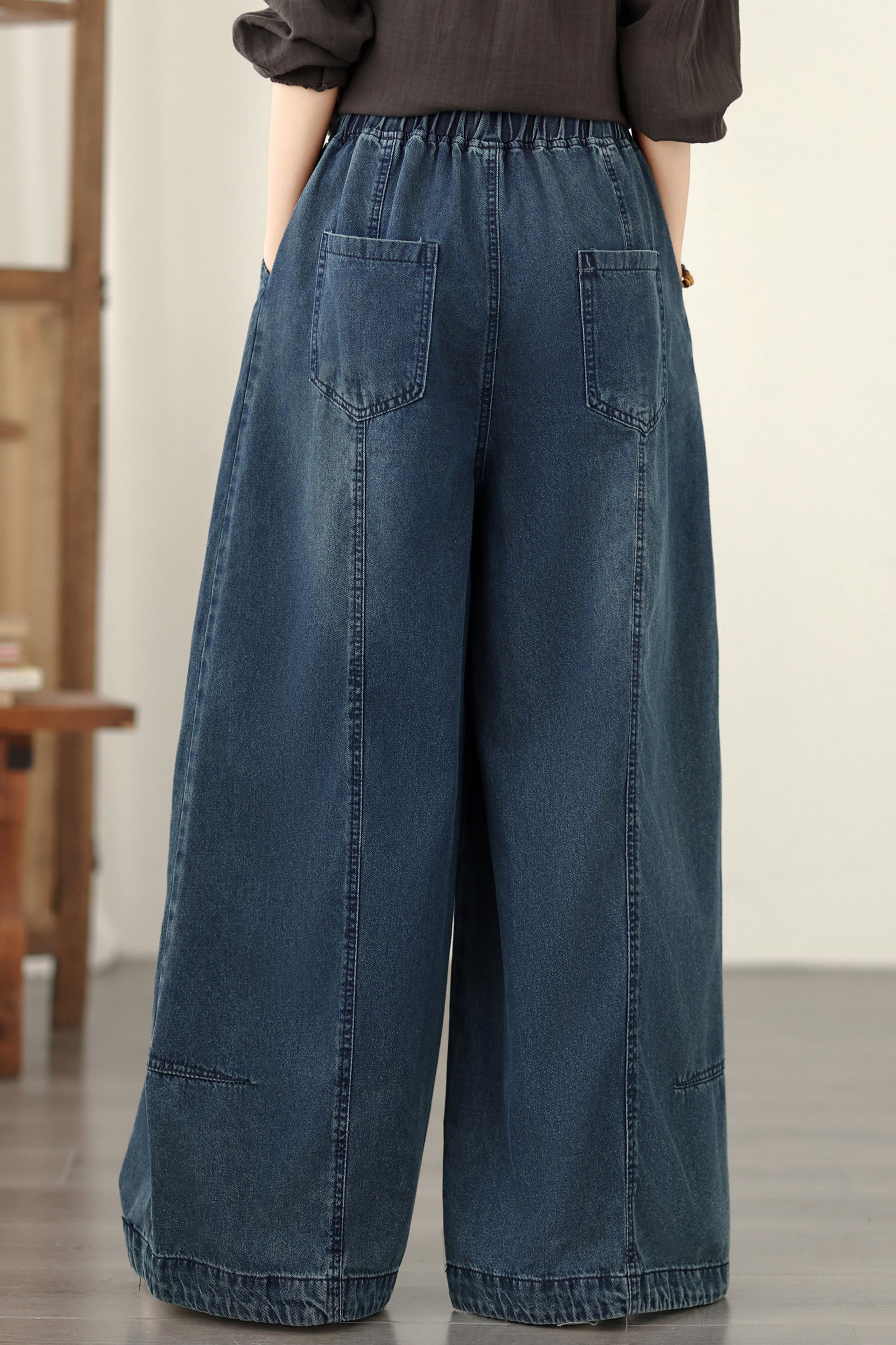 Jeans for Women Wide Leg Pull On Elastic Waist Denim - LAI MENG FIVE CATS