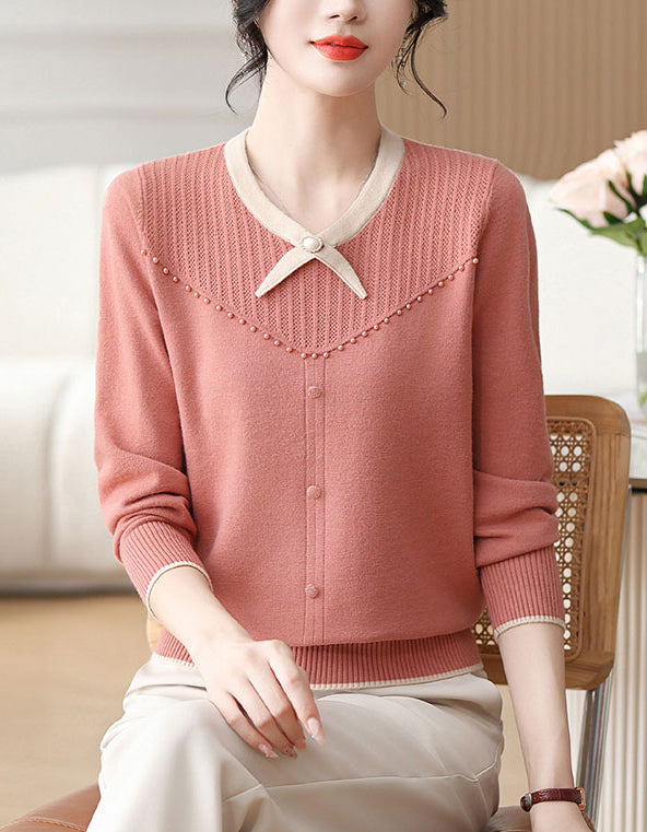 Elegant Pearl Long Sleeve Knit Sweater Pullover Top