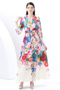 Women's Notch Lapels Puff Sleeve Print Maxi Dress