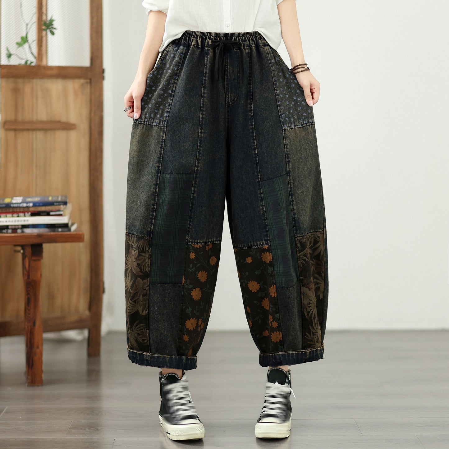 Vintage Patchwork Denim Harem Pants – Artistic Boho Lantern Jeans