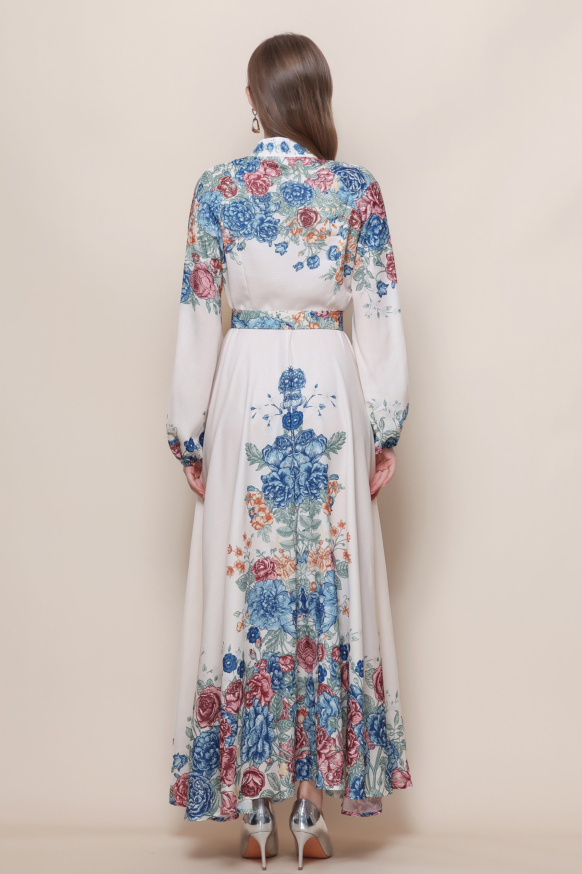 26-Women's Floral Print Puff Sleeve Button Maxi Dress - LAI MENG FIVE CATS