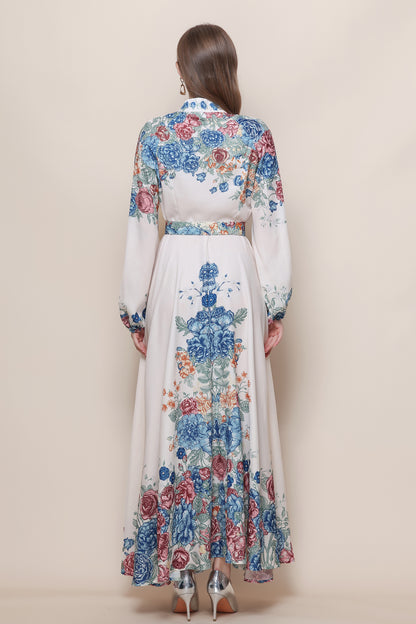 26-Women's Floral Print Puff Sleeve Button Maxi Dress - LAI MENG FIVE CATS