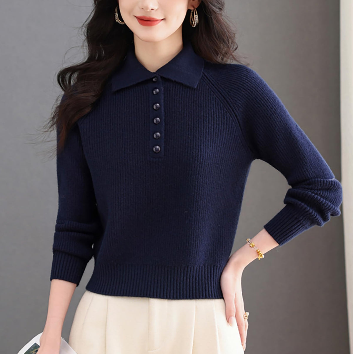 Women's Ribbed Knit Polo Top — Soft Button-Front Sweater