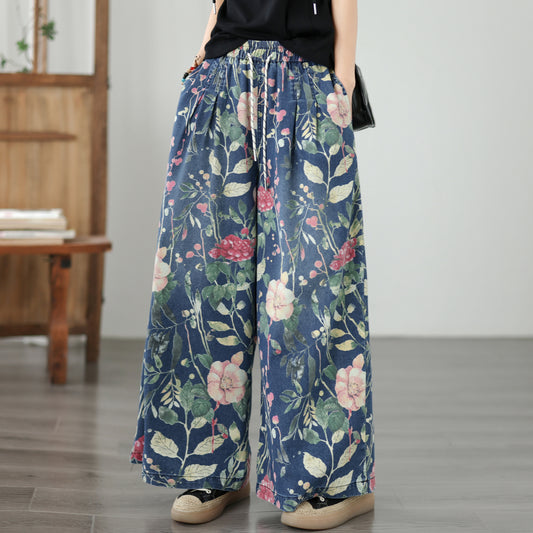 Women's Wide Leg Jeans Baggy Floral Wasited Elastic Pants - LAI MENG FIVE CATS