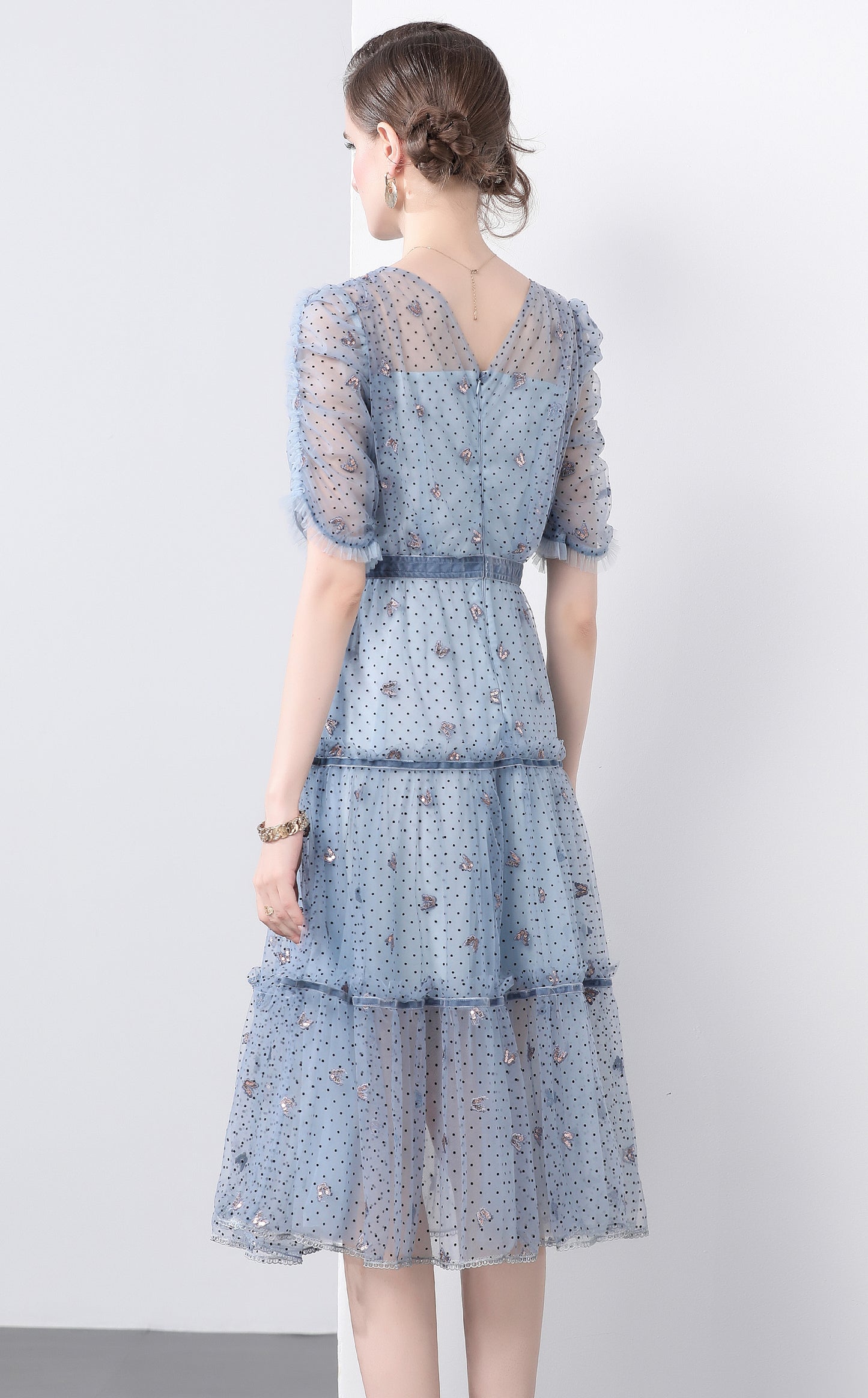 Butterfly Embroidered Mesh Midi Dress – Blue