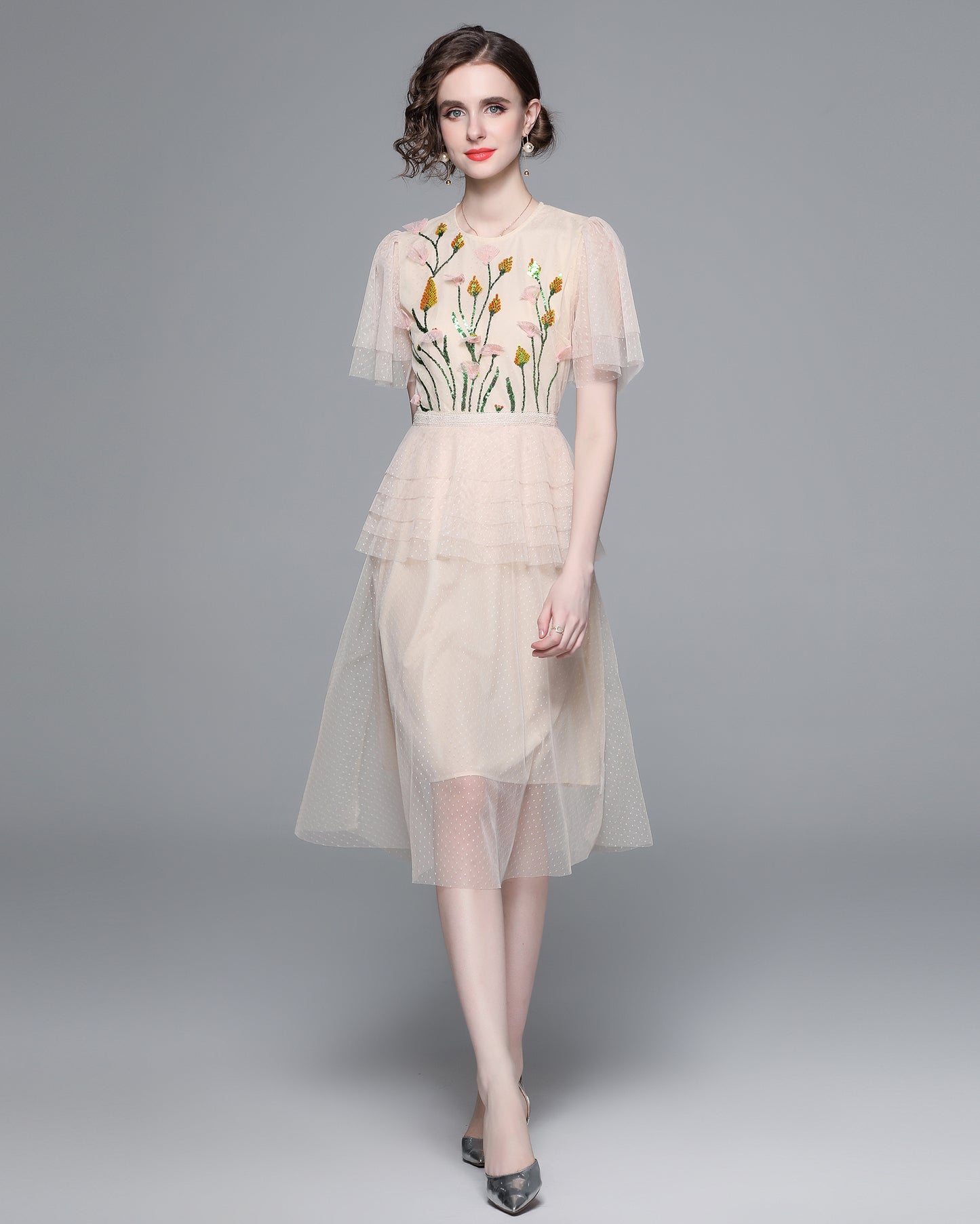 LAI MENG FIVE CATS Floral Embroidery Mesh Midi Dress