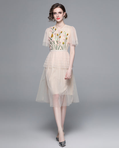 LAI MENG FIVE CATS Floral Embroidery Mesh Midi Dress
