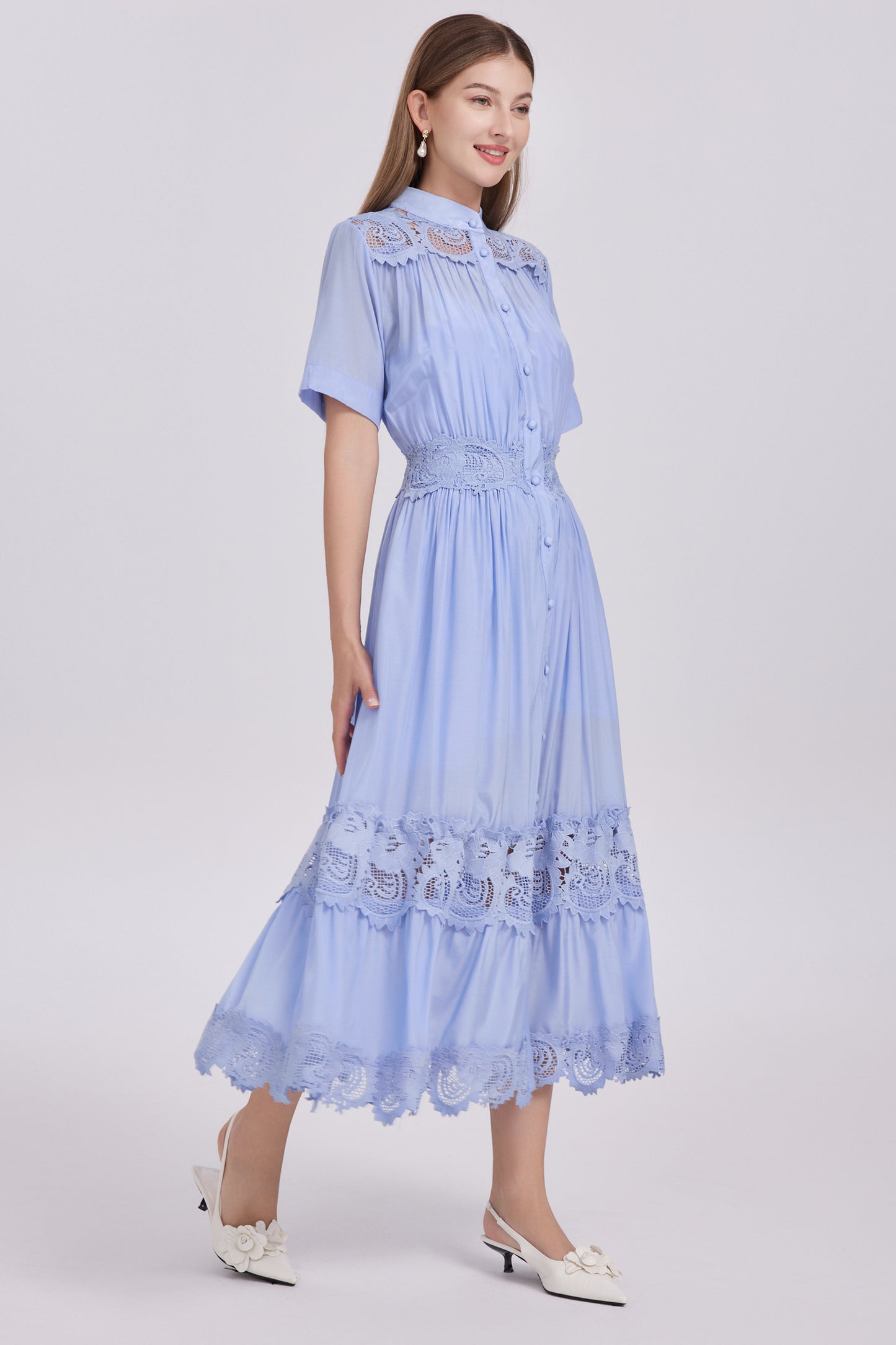 Women's Hollow-Out Lace Short Sleeve Pleats Maxi Dress