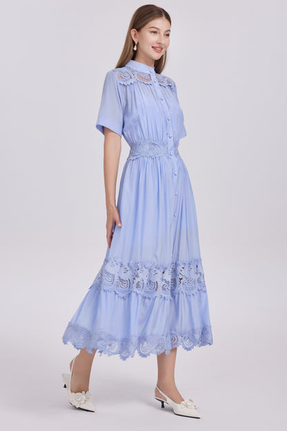 Women's Hollow-Out Lace Short Sleeve Pleats Maxi Dress