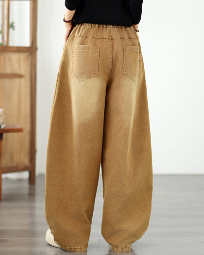 Vintage Khaki Denim Barrel Pants | Wide-Leg Lantern Fit & Elastic Waist