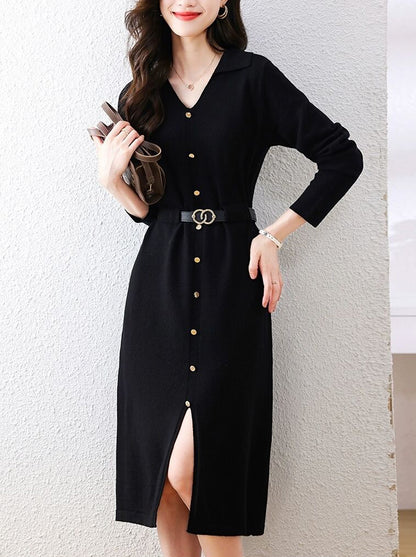 Elegant Lapel V-Neck Knit Midi Dress: Button Decoration & Belted Waist
