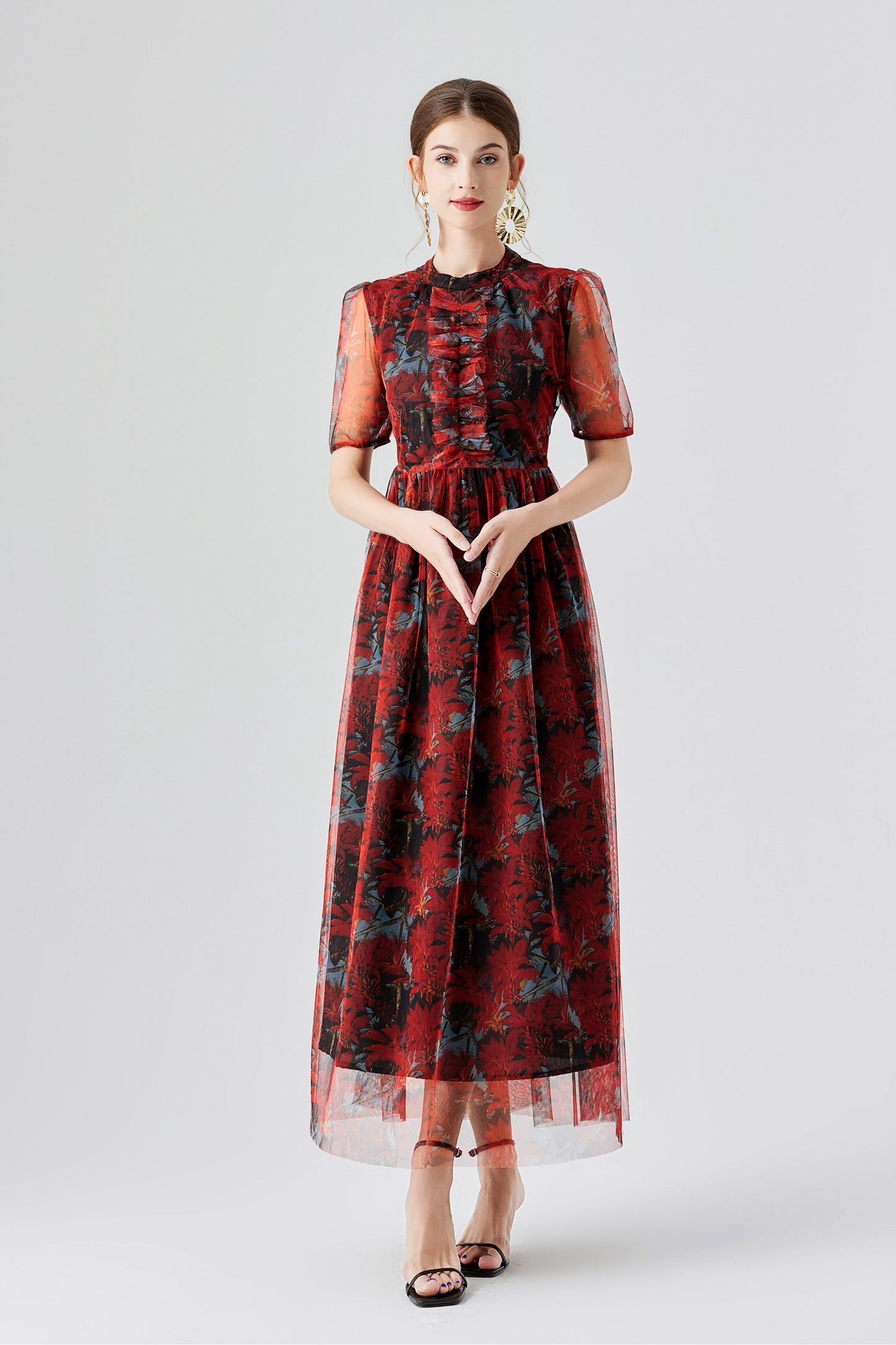 Red Vintage Mesh Stitching Midi Dress