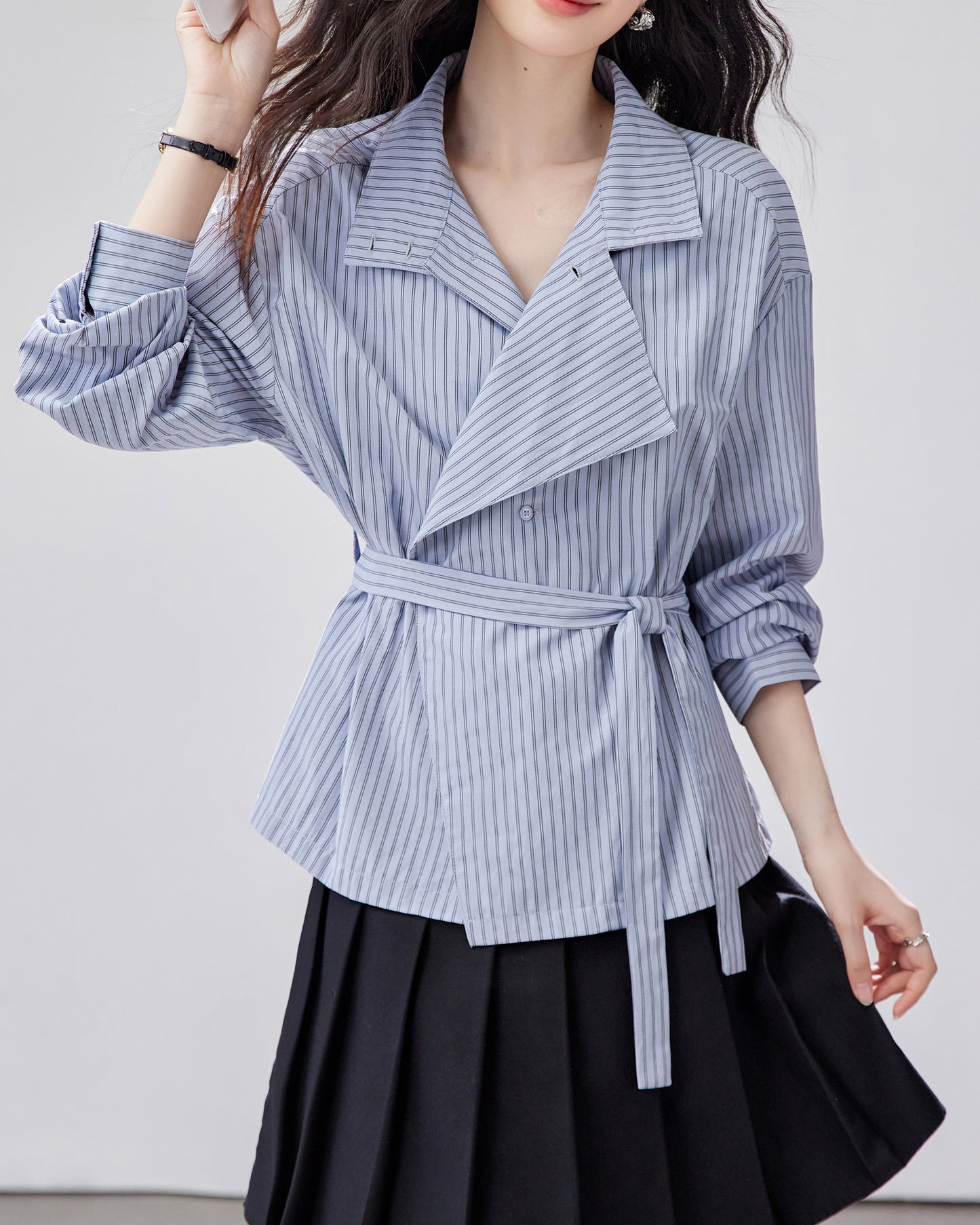 Blue Striped Tie-Waist Shirt | Relaxed Fall Everyday Top