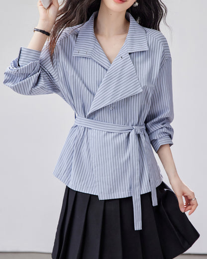 Blue Striped Tie-Waist Shirt | Relaxed Fall Everyday Top