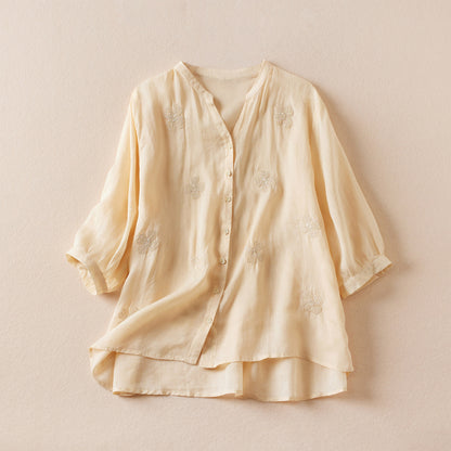 Embroidered V Neck Button-up Linen Blouse Top
