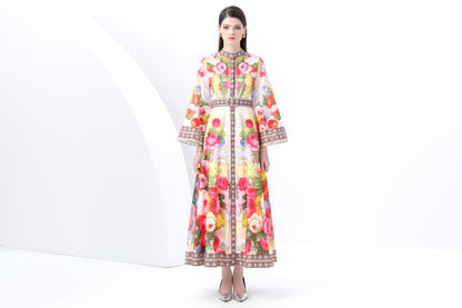 Women's Floral Print Bell Sleeves Maxi Dress