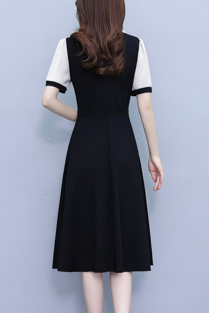 Women's Lapel V-Neck Pocket Short Sleeve Midi Dress - LAI MENG FIVE CATS