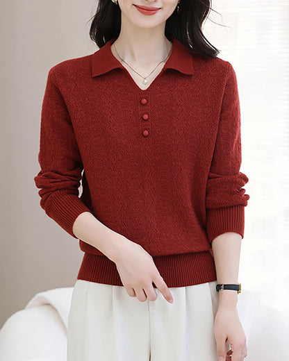 Women's Pink Polo Knit Top — V-Neck & Long Sleeve Ribbet Knitted
