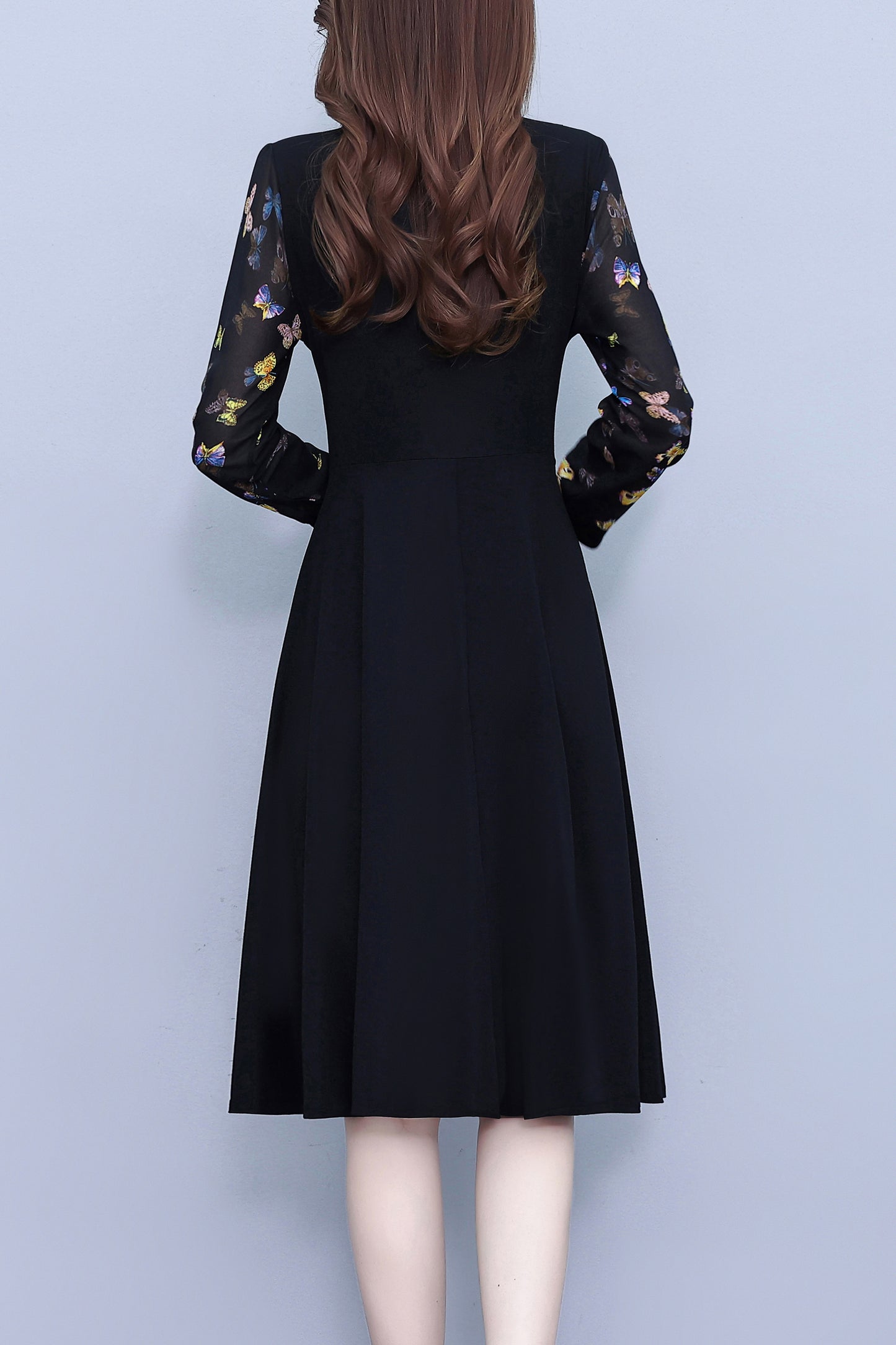 Women's V-Neck Long Sleeve Floral Print Black Dress