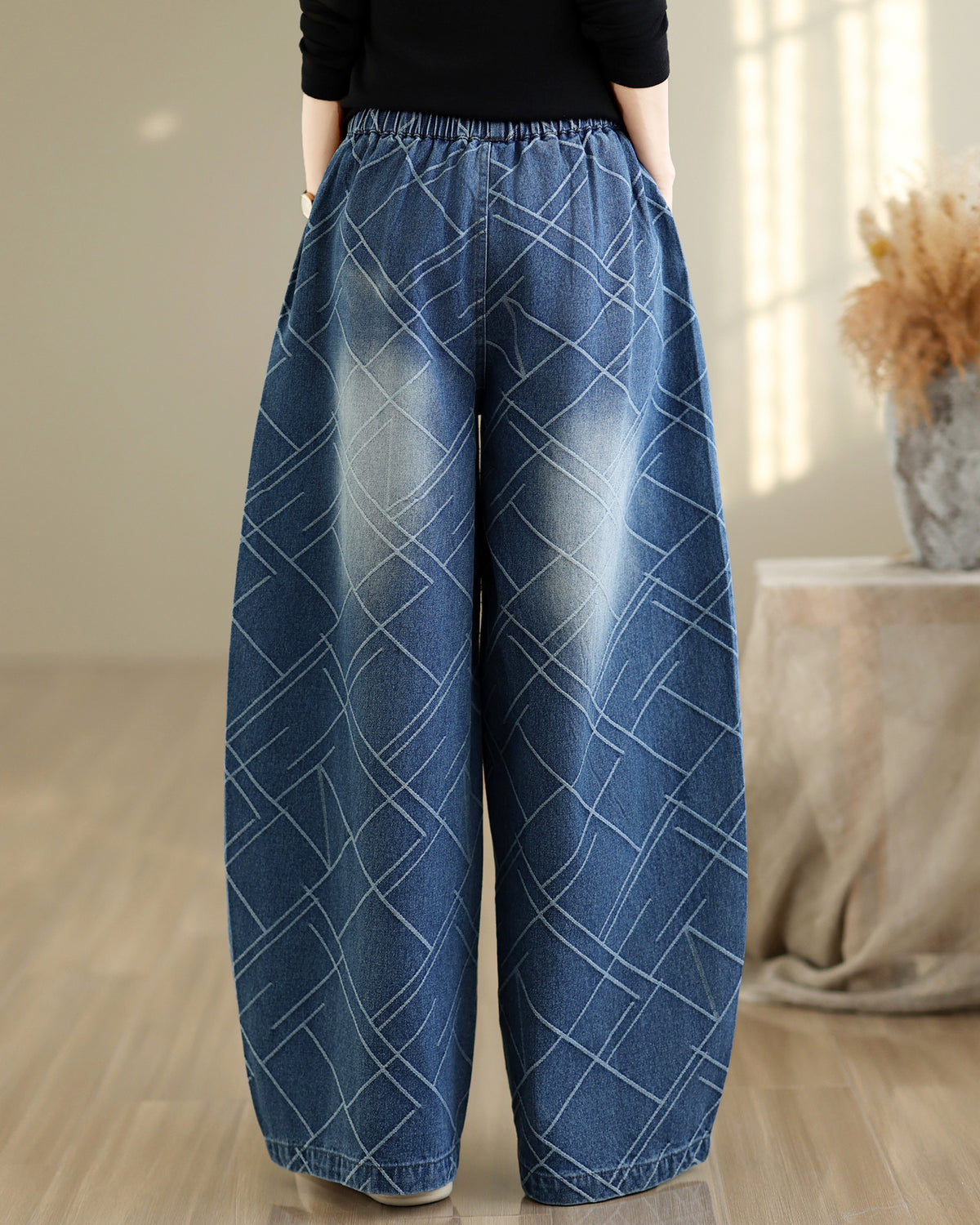28672-Denim Wide Leg Pants with Diamond Lattice Print & Drawstring Waist