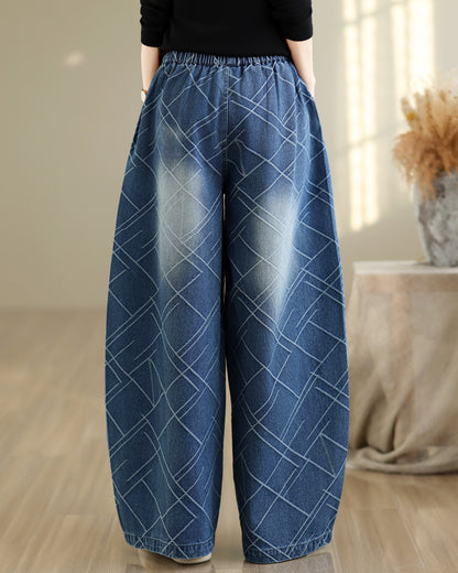 28672-Denim Wide Leg Pants with Diamond Lattice Print & Drawstring Waist