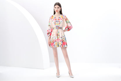 Women's V-Neck Floral Print Lantern Sleeve Mini Dress