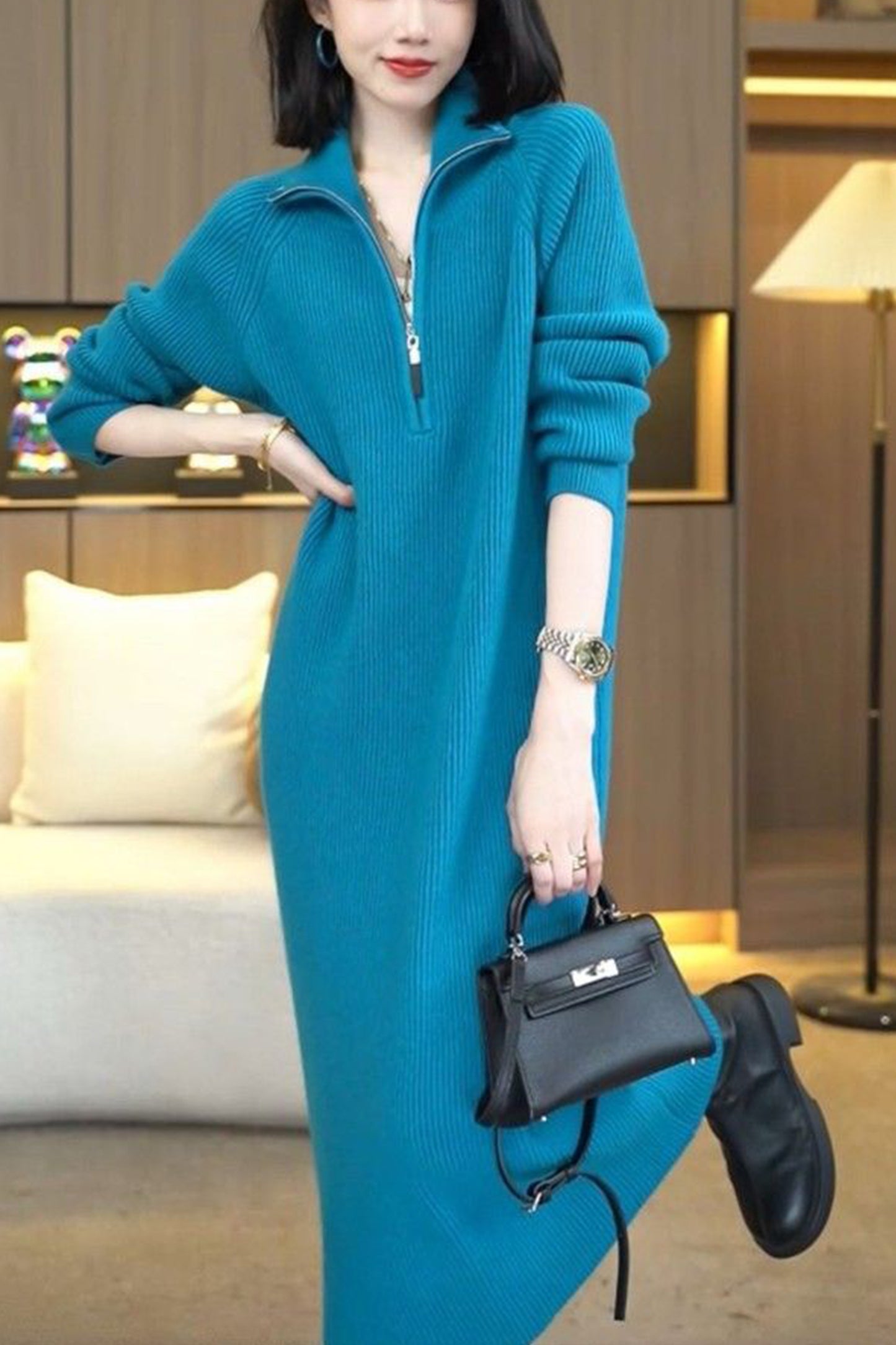 Women's Knit Long Sleeve Quarter Zip Sweater Maxi Dress