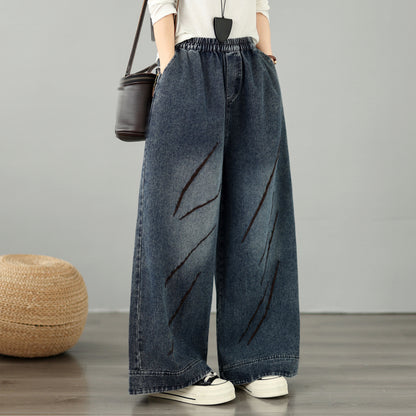 28668-Vintage Denim Wide-Leg Pants with Embroidery &Elastic Waist
