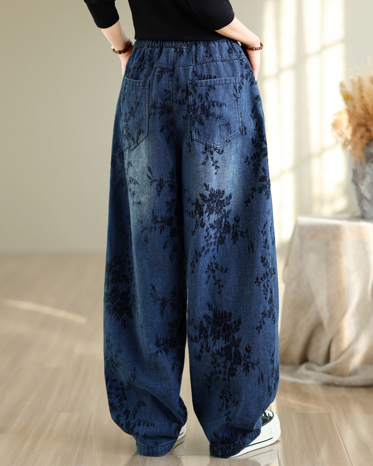 28671-Vintage Floral Print Denim Wide Leg Pants with Drawstring Waist
