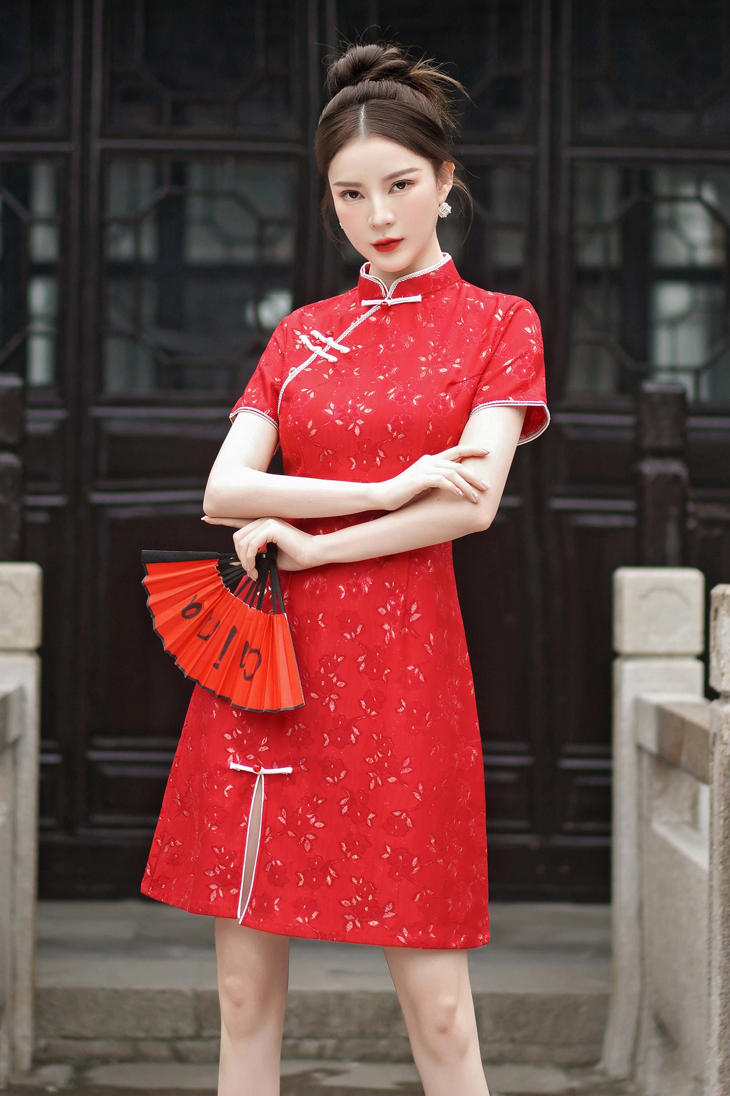 Women's Chinese Cheongsam Lace Embroidery Mini Dress