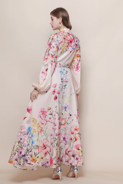 26-Women's Floral Print Puff Sleeve Button Maxi Dress - LAI MENG FIVE CATS