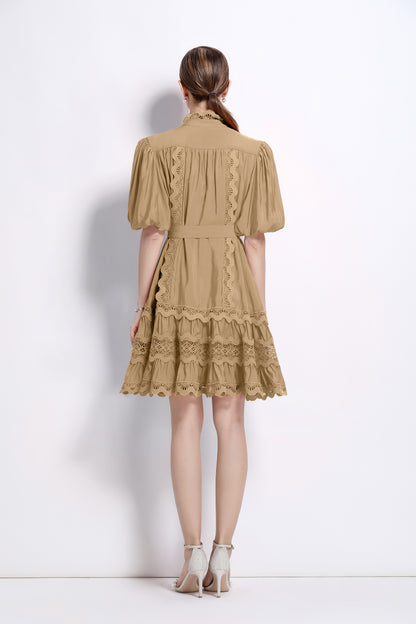 Khaki Lace Trim Mini Dress – Relaxed Quiet Luxury Summer Style