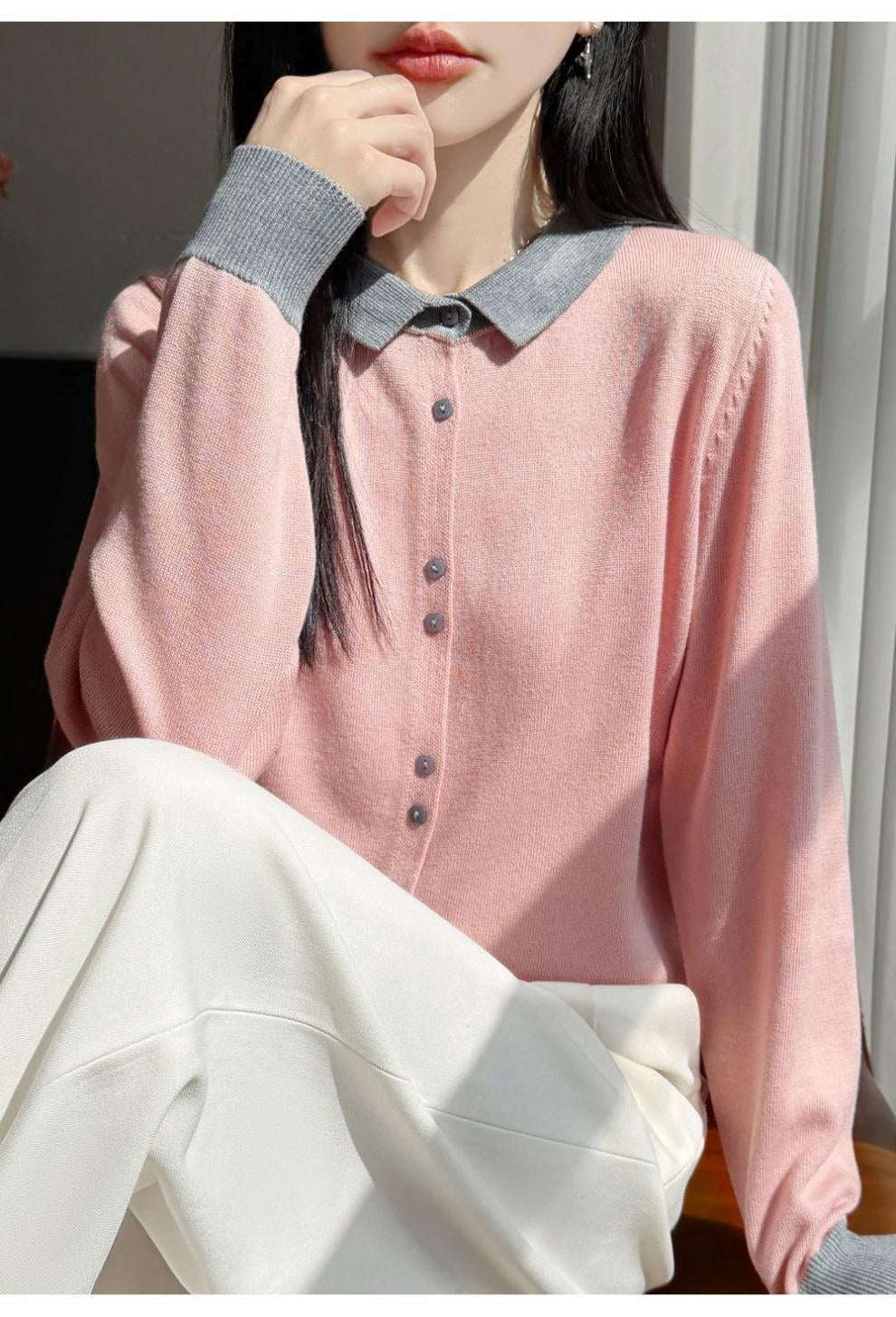 Contrast Collar Knit Cardigan – Two-Tone Polo Button-Up Sweater