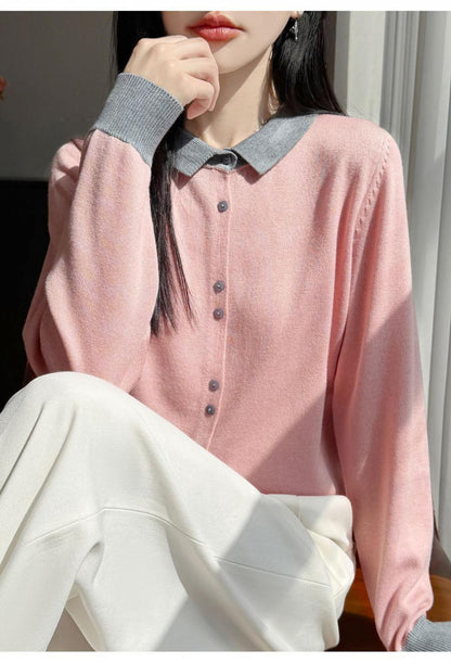 Contrast Collar Knit Cardigan – Two-Tone Polo Button-Up Sweater
