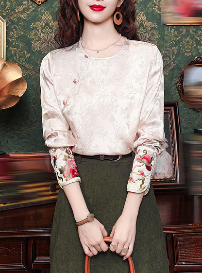 Elegant Chinese Style Jacquard Embroidered Blouse with Frog Buttons