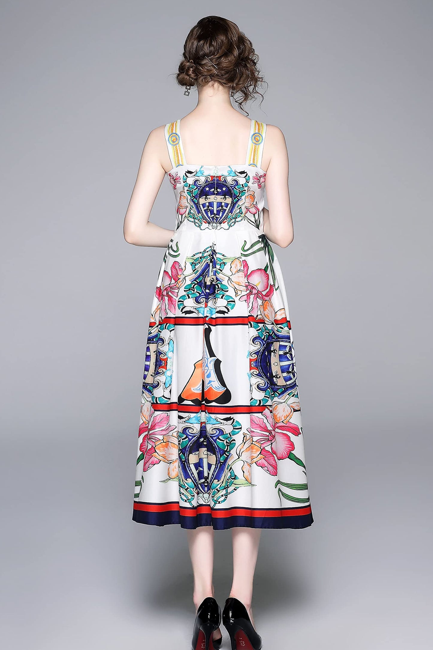 SSY-Womens Floral Print Spaghetti Strap Square Neck Dress