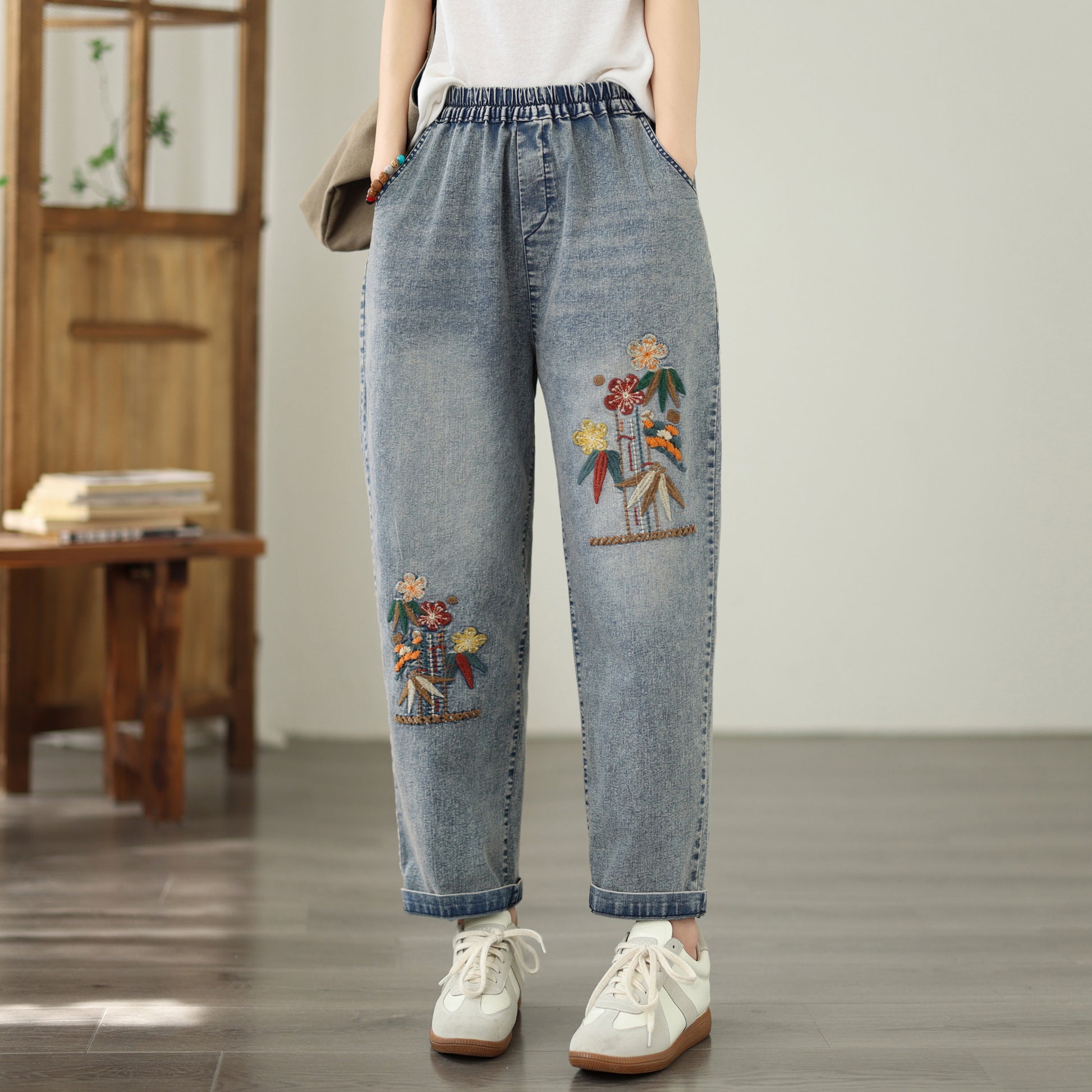 Women's Casual Denim Harem Jeans Elastic Waist Loose Pants - LAI MENG FIVE CATS