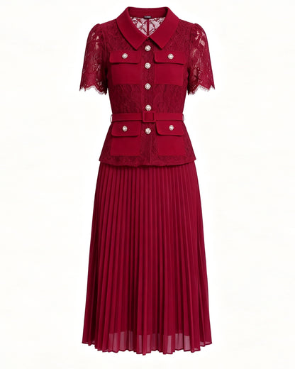 Lace Pleated Midi Dress | Elegant Collared Belted Dress for Women