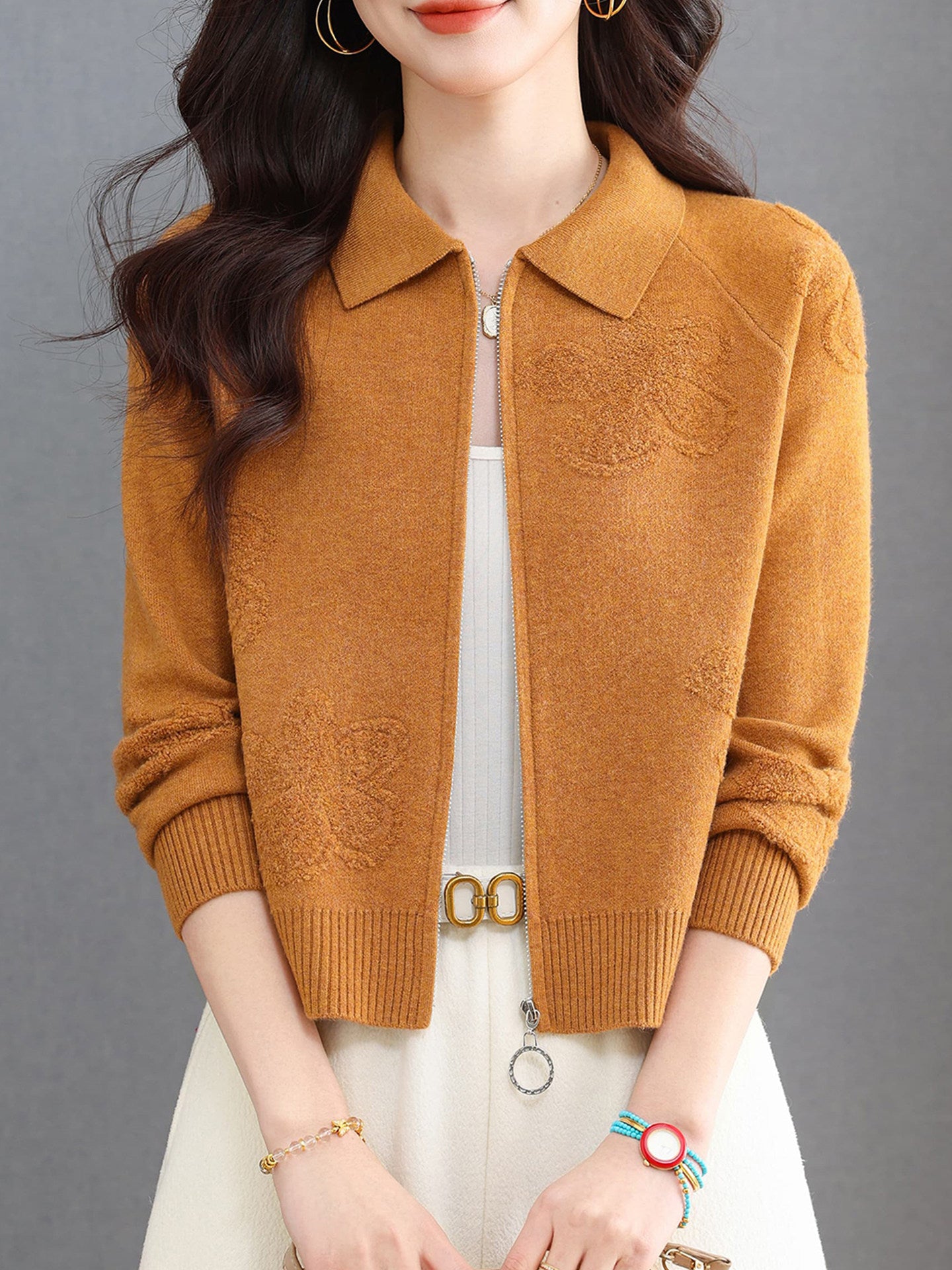 Textured Knit Zip-Up Cardigan Polo Collar Cropped Outerwear