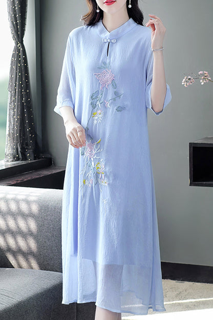 Women's Blue Embroidered Floral Midi Dress