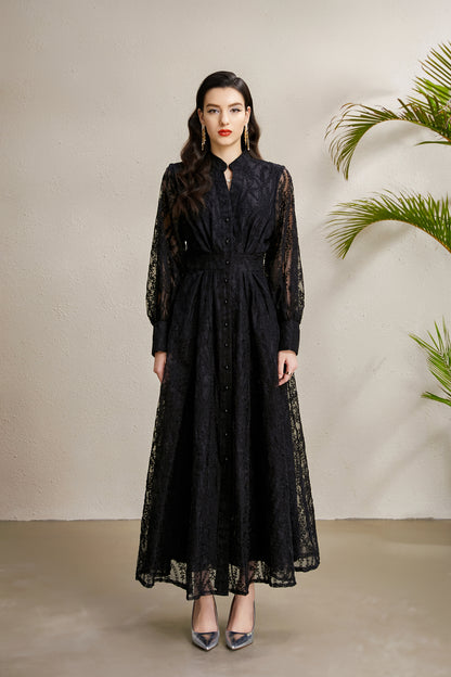 Women's V-Neck Lace Floral Lantern Sleeve Maxi Dress