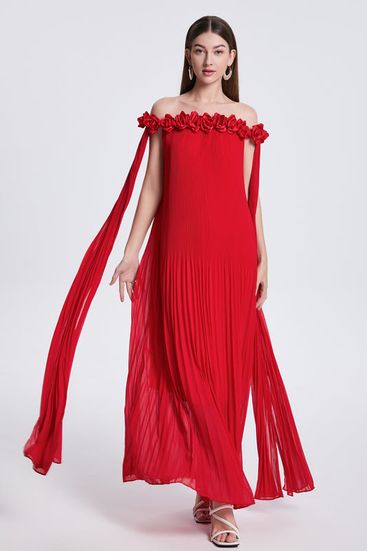 Women's Off Shoulder Chiffon 3D Floral Pleated Maxi Dress