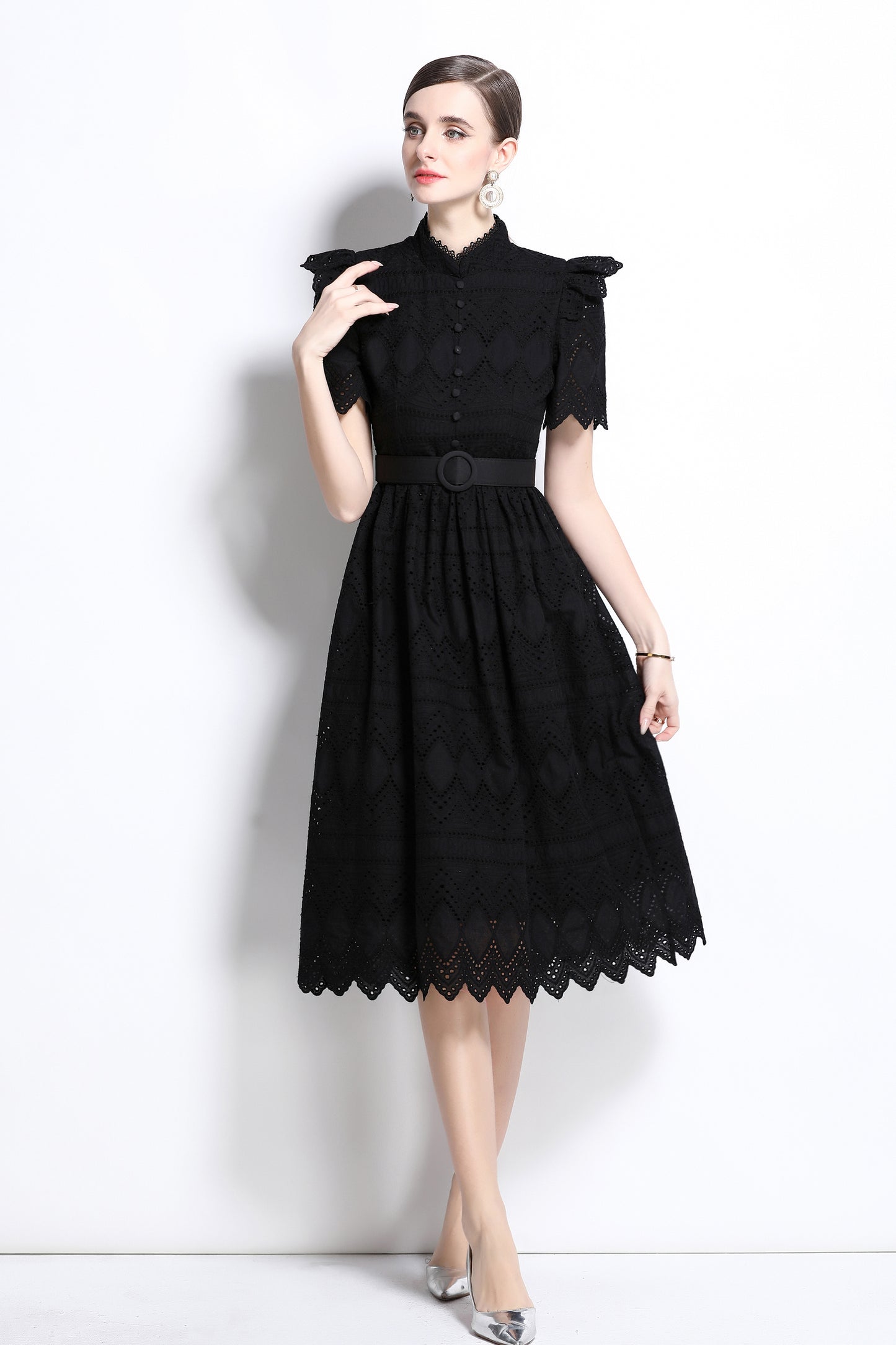 Women's Short Sleeve Lace Buttons Ruffles Midi Dress