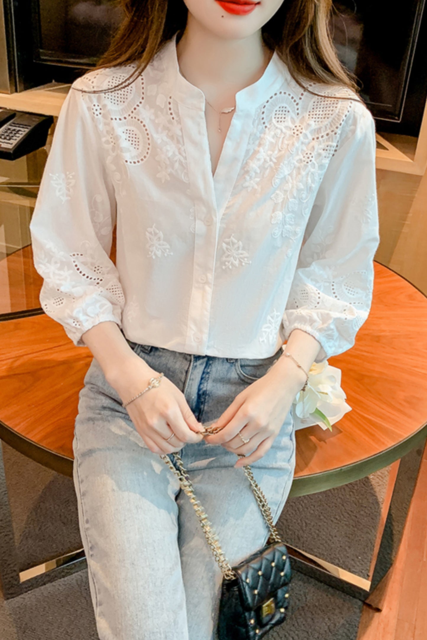 Women's V Neck Lace Tops 1/2 Sleeve Blouse - LAI MENG FIVE CATS